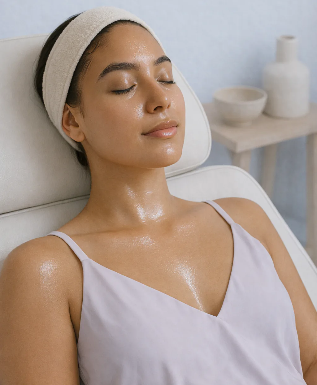 Tratamiento de hidratación facial profunda aplicado en cabina de estética médica