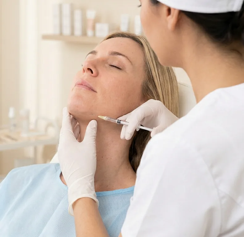 Aplicación de inductor de colágeno en el rostro de una paciente