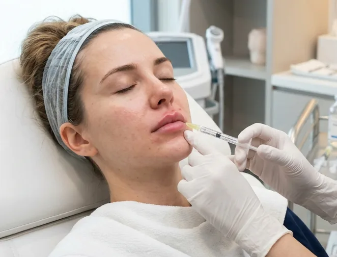 Primer plano de labios femeninos tras un relleno con ácido hialurónico